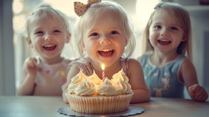 happiness face of children and cute cup cake with candle in front of her