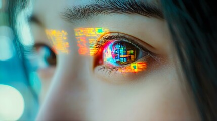 Closeup of a Woman's Eye with Colorful Lights Reflecting in it.