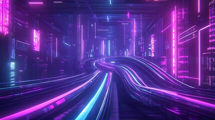 Wall Mural - Futuristic Neon Cityscape with Glowing Pathways.