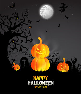 Abstract Halloween Day poster design. Modern Halloween holiday party banner design template with moon, bats, tree, and ghost home. Night happy Halloween background design. Darken Halloween art. 