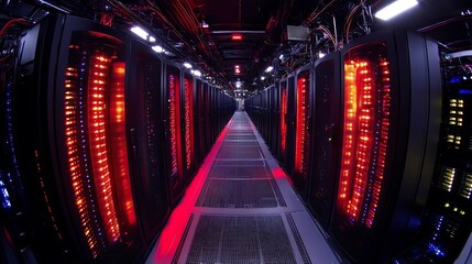 Wall Mural - Rows of Servers Glowing with Red Lights in a Data Center.