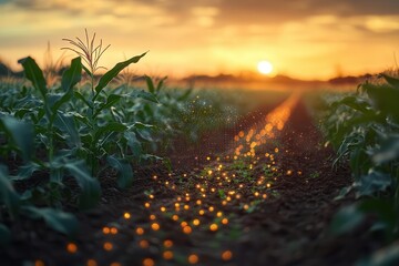 futuristic corn field holographic data overlay agricultural drone golden hour lighting technological farmland