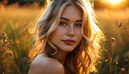 Wall Mural - Sunlit Serenity: Close-Up Portrait of a Young Woman with Golden Hair Amidst Wildflowers in a Tranquil Field