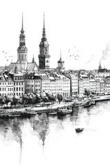 Copenhagen, Denmark, black and white pen pencil hand-drawn effect portrait drawing illustration for travel poster, card, wallpaper, backdrop or banner. Modern, clear, artistic and simple