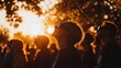 © Jelena - awestruck crowd in park gazing at partial solar eclipse silhouettes of people wearing protective glasses trees cast eerie shadows as celestial event unfolds in dusky sky