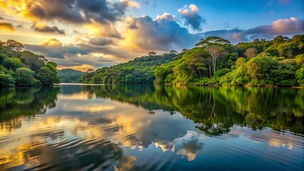 Serene Yojoa Lake in Honduras reflects the surrounding lush green forest, with a few ripples disturbing the calm water's glass-like surface at sunset.