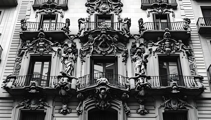 Wall Mural - Grayscale Elegance of Ornate Barcelona Facade Showcasing Sculptures, Balconies and Architectural Details as a Tribute to European Urban Artistic Heritage