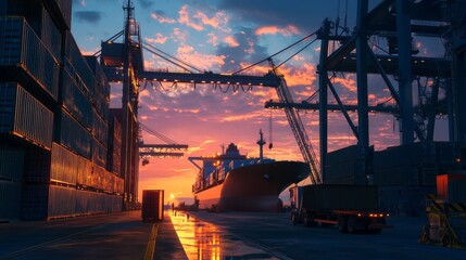 low angle view of realistic the big shipyard, a lot of storage, loading crane, truck, realistic twilight sky on background.