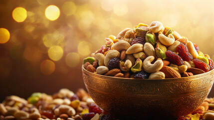 “A bowl of cashews, raisins, pistachios, almonds, and walnuts set against a golden background, creating a festive and elegant ambiance.”






