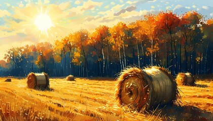 Wall Mural - Sunlit Autumn Field with Golden Hay Bales and Trees Amidst a Picturesque Rural Harvest Landscape