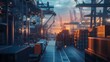 © shirophoto - closeup of realistic the big shipyard, a lot of storage, loading crane, truck, realistic twilight sky on background