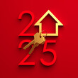 © Anna - Creative 2025 New Year design template with golden keys and an abstract house symbol. 3D render illustration for a greeting card or banner.