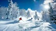 © decorator - Joyful friends skiing down a powdery mountain under a bright blue sky and fluffy white clouds