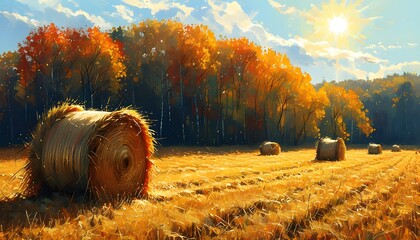 Wall Mural - Sunlit Autumn Field with Golden Hay Bales and Trees Amidst a Picturesque Rural Harvest Landscape