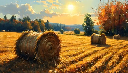 Wall Mural - Sunlit Autumn Field with Golden Hay Bales and Trees Amidst a Picturesque Rural Harvest Landscape