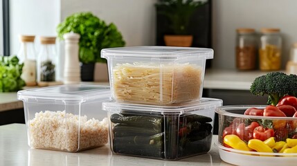 Organized kitchen storage with clear containers holding rice, noodles, and vegetables, perfect for meal prep and tidy space.