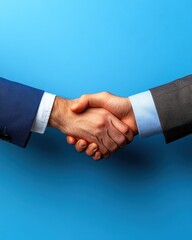 A close-up of two hands shaking, symbolizing partnership, agreement, and collaboration against a vibrant blue background.