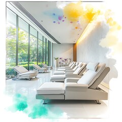 Poster - Modern Spa Relaxation Room with White Recliners and a Window View.