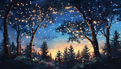 Wall Mural - Magical Night Scene with Glowing Tree Illuminating Forest, Creating a Serene and Enchanting Twilight Ambience