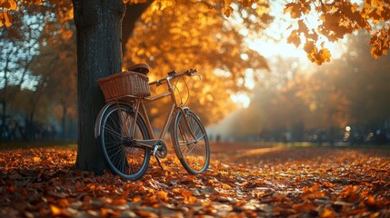 A vintage bicycle rests against a tree surrounded by autumn leaves in a serene park setting.