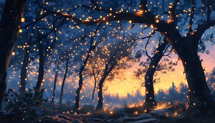 Wall Mural - Magical Night Scene with Glowing Tree Illuminating Forest, Creating a Serene and Enchanting Twilight Ambience