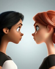 Two animated characters face each other, showcasing distinct features and expressions, reflecting friendship and rivalry.