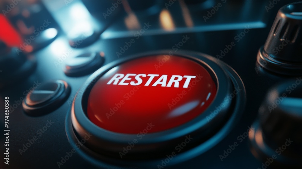 Image of a close-up red restart button with a shiny, reflective surface ...