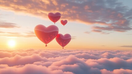 Wall Mural - a sea of pink heart-shaped balloons floating through clouds at sunset, creating a dreamy, romantic a
