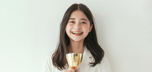 a contagious smile, an Asian teen dressed elegantly in a white suit and shirt showcases her triumph in a knowledge competition, clutching a gold trophy against a white background.