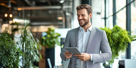 Happy young European businessman standing in office using tablet, looking away while multitasking. Smiling male executive manager and company owner focused on work and professional tasks, utilizing te