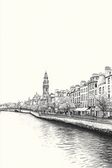 Dublin, Ireland, black and white pen pencil hand-drawn effect portrait drawing illustration for travel poster, card, wallpaper, backdrop or banner. Modern, clear, artistic and simple