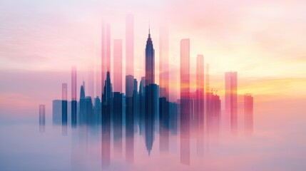 Canvas Print - A city skyline is shown in a photo taken with an effect, AI