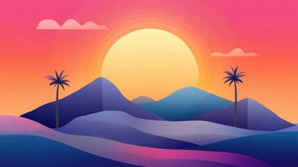 Canvas Print - A sunset with mountains and palm trees in the background, AI