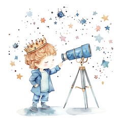 Poster - Little Prince with Telescope Looking at Stars Watercolor Illustration.