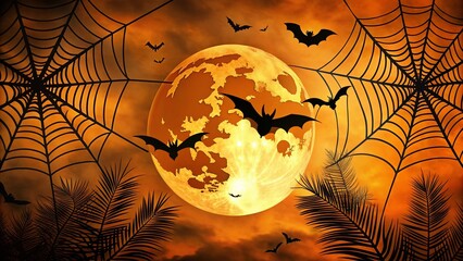 Wall Mural - Spooky orange and black flyer template with bat silhouettes, spider webs, and a full moon, ideal for customizing Halloween party invitations and announcements.