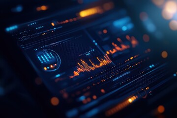 Poster - Close-up of a futuristic digital interface with glowing graphs and data charts, representing advanced technology and innovation.