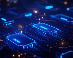 Poster - Close-up of futuristic blue glowing microchips on a circuit board, depicting advanced technology and digital innovation.