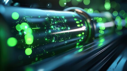 Aufkleber - Close-up of futuristic green glowing particles inside a glass tube, representing advanced technology and digital data transfer concepts.