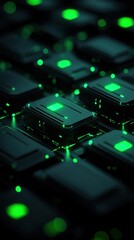 Poster - Close-up of glowing green LEDs on computer hardware, symbolizing futuristic technology and digital innovation.
