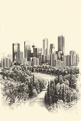 Edmonton, Canada, black and white pen pencil hand-drawn effect portrait drawing illustration for travel poster, card, wallpaper, backdrop or banner. Modern, clear, artistic and simple