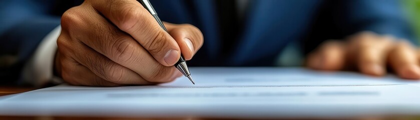 Illustrate a close-up of a confident businessmans hand signing a contract, showcasing trust and professionalism in Business Consulting