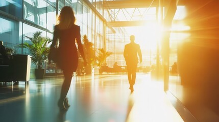 dynamic business scene of professionals walking through a bright modern office space blurred figures convey a sense of movement and energy in a contemporary corporate environment