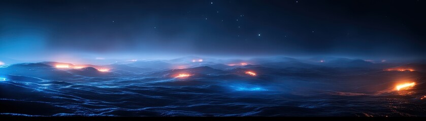 Ethereal night ocean with glowing lights, creating a mysterious and futuristic atmosphere. Perfect for sci-fi and fantasy themes.