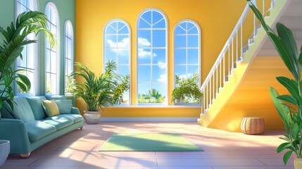 Wall Mural - A living room with a blue couch and stairs leading up to the second floor, AI