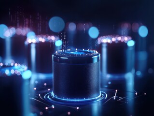 Leinwandbilder - Futuristic data storage concept with glowing holographic effects and abstract elements, depicting modern technology and innovation.
