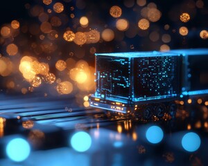 Poster - Futuristic digital delivery truck on glowing roads with abstract light particles, representing smart transportation and technology innovations.
