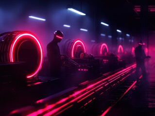 Fototapete - Futuristic factory with neon lights and workers, showcasing advanced technology and innovative industrial design.