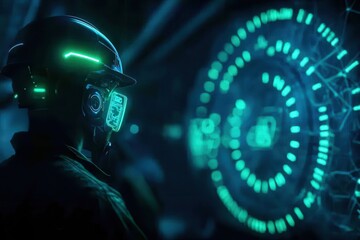 Aufkleber - Futuristic holographic interface with a person wearing augmented reality glasses, exploring advanced virtual technology in a dark room.
