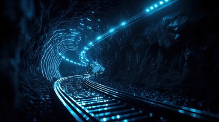 Aufkleber - Futuristic underground tunnel with illuminated technology, blue lights, and tracks creating a sci-fi ambiance.