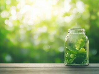 Glass jar filled with fresh green leaves placed on a wooden surface, with a blurred green natural background in sunlight.